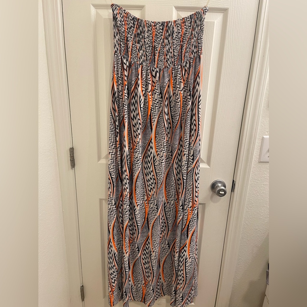 Sans Souci Pattern Boho Strapless Maxi Dress Size xl Orange Blue